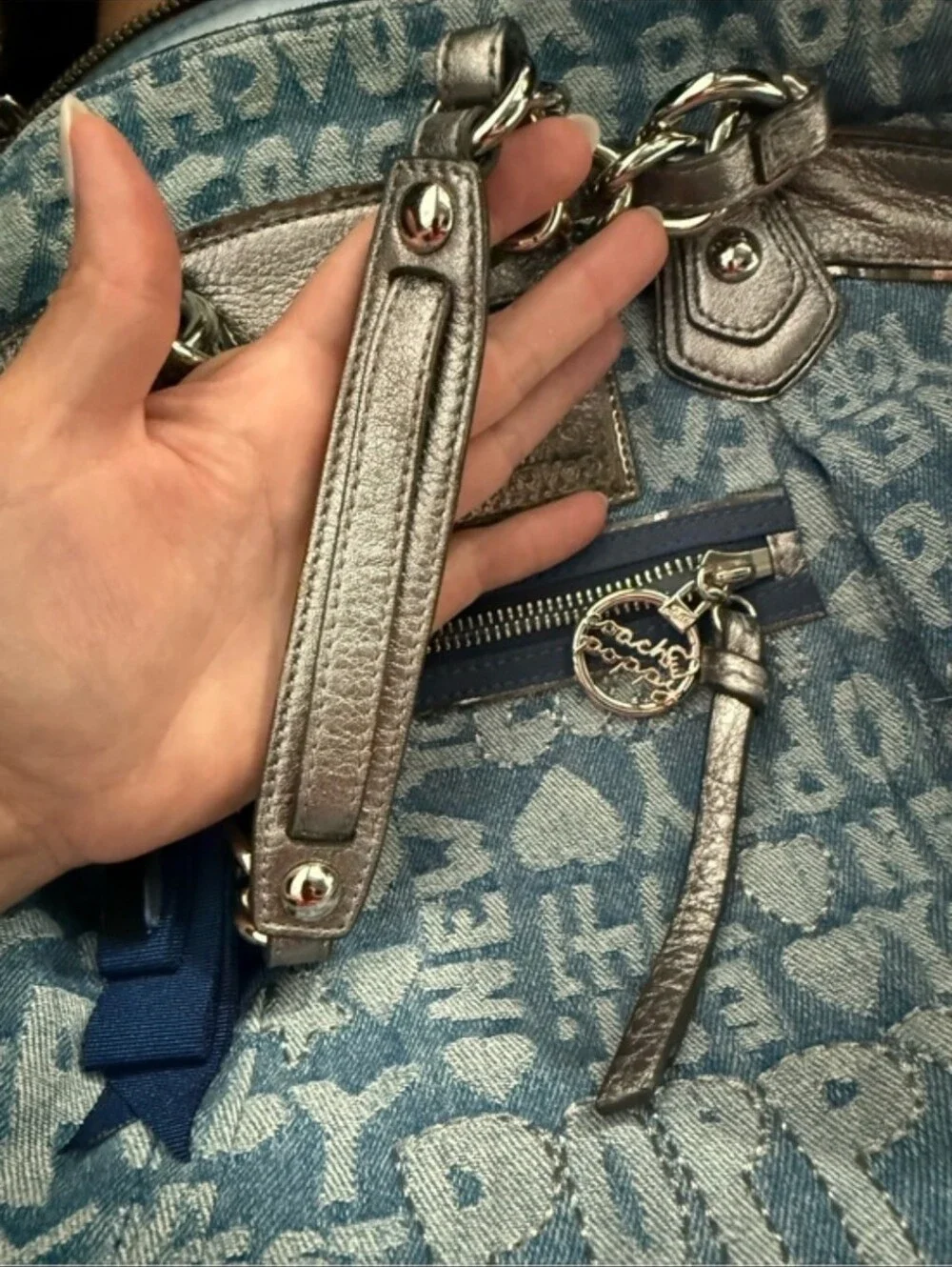 Coach Poppy Wordblock Denim Chain Shoulder Crossbody Tote Bag